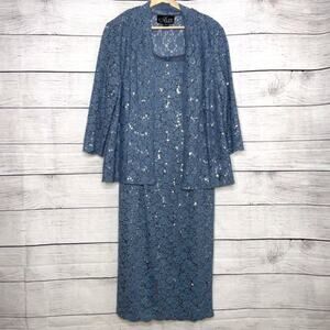 2 PIECE SET Alex Evenings Slate Blue Sequin Floral Lace Dress & Jacket 12